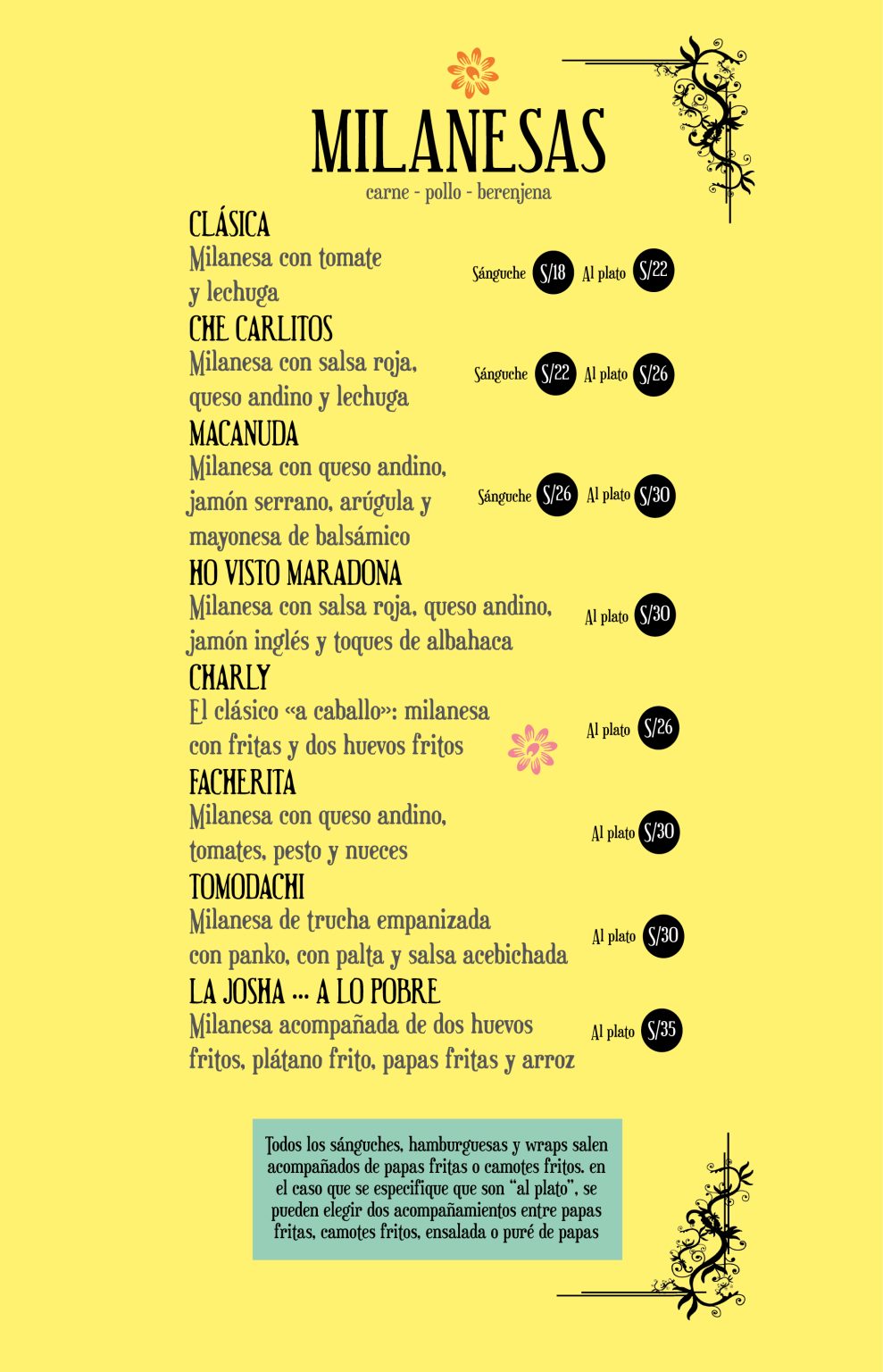 La especialidad de la casa Milanesas de carne, pollo o berenjena
